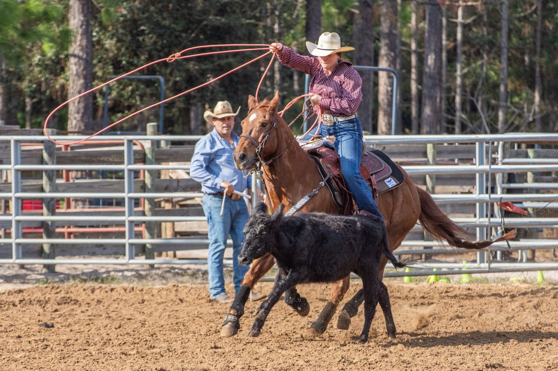 photo of woman rounding up a small calf at a rodeo